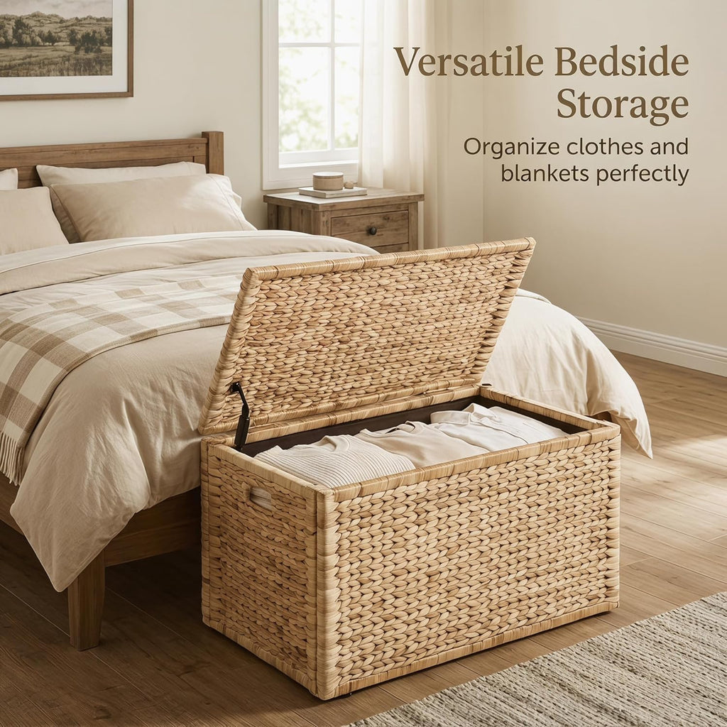 Handwoven Water Hyacinth Storage Trunk: Heavy Duty Metal Frame Wicker Chest Box 42×20×18.5in Natural Finish for Home Decor & Space Saving