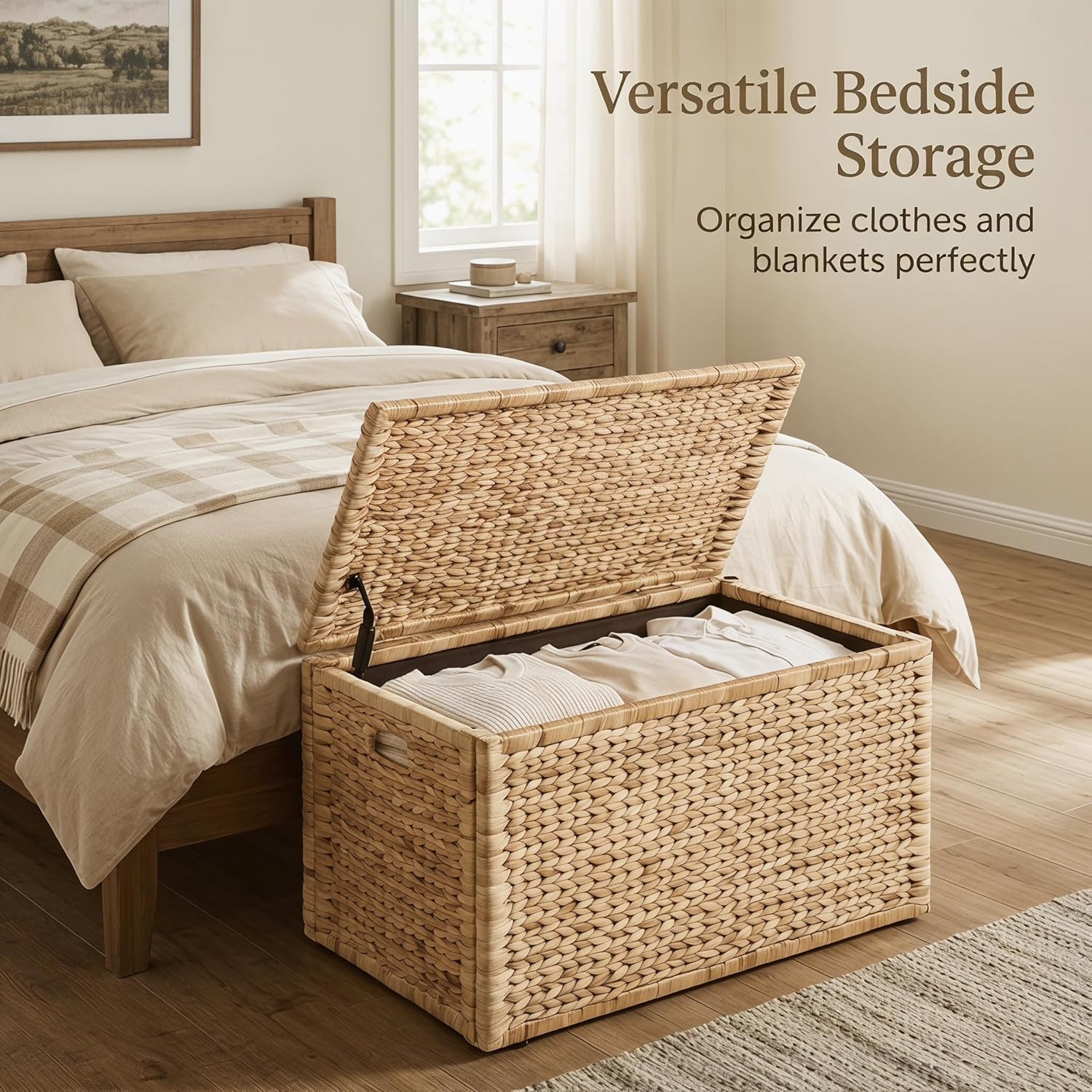 Handwoven Water Hyacinth Storage Trunk: Heavy Duty Metal Frame Wicker Chest Box 42×20×18.5in Natural Finish for Home Decor & Space Saving