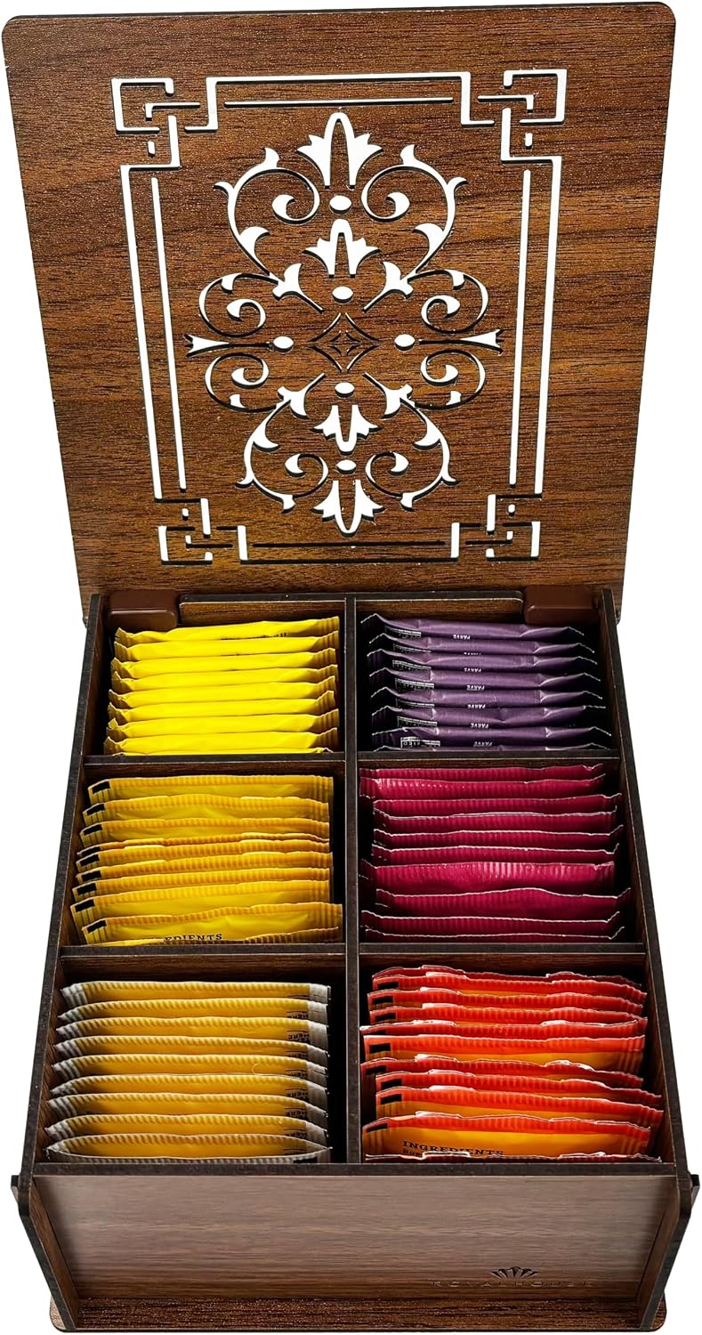RoyalHouse Premium Wood Tea Storage Box Organizer, Tea Bag Holder Containers (Brown), Eco-Friendly Multi-Functional Decorative Box, 6 Compartments For Assorted Variety Of Small Items