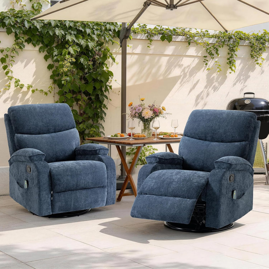 360° Swivel Rocking Recliner Chair, Massage Lazy Boy Recliner, Small Spaces Recliner for Living Room, Bedroom and Nursery, Navy Blue Chenille