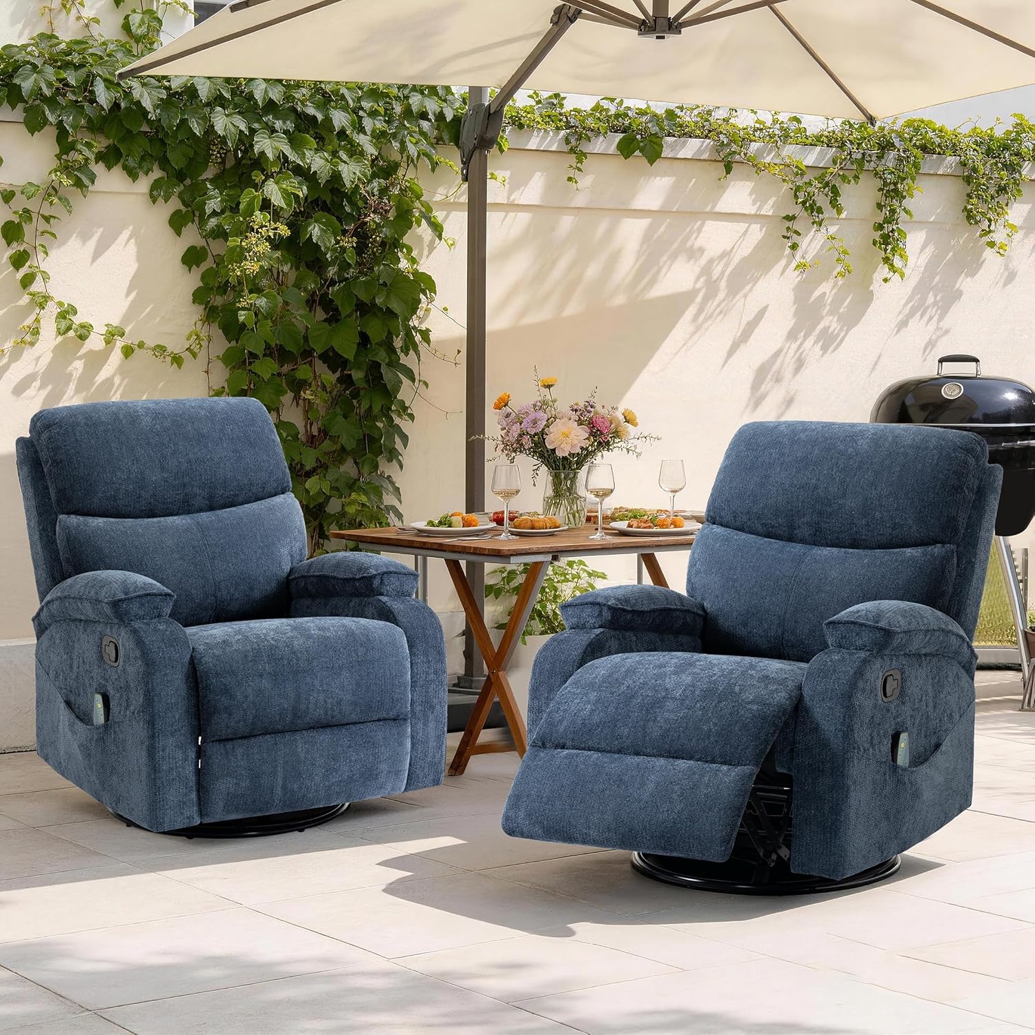 360° Swivel Rocking Recliner Chair, Massage Lazy Boy Recliner, Small Spaces Recliner for Living Room, Bedroom and Nursery, Navy Blue Chenille