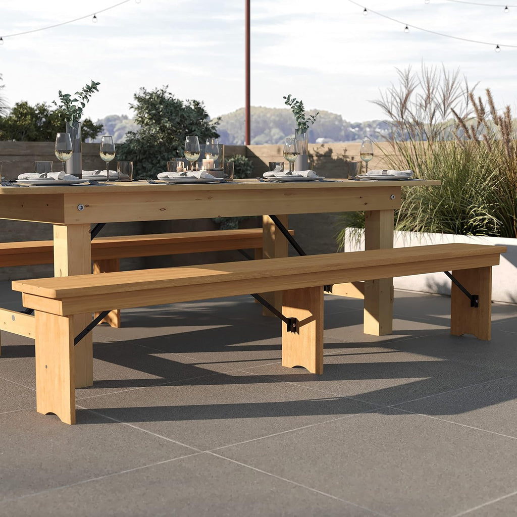 Taylor & Logan Ingles 8' x 12'' Antique Rustic Light Natural Solid Pine Folding Farm Bench with 3 Legs