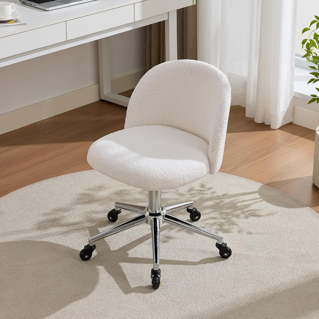 Home Office Chair with Quiet Wheels - Armless Vanity Chair Vanity Stool, 360 Swivel Height Adjustable White