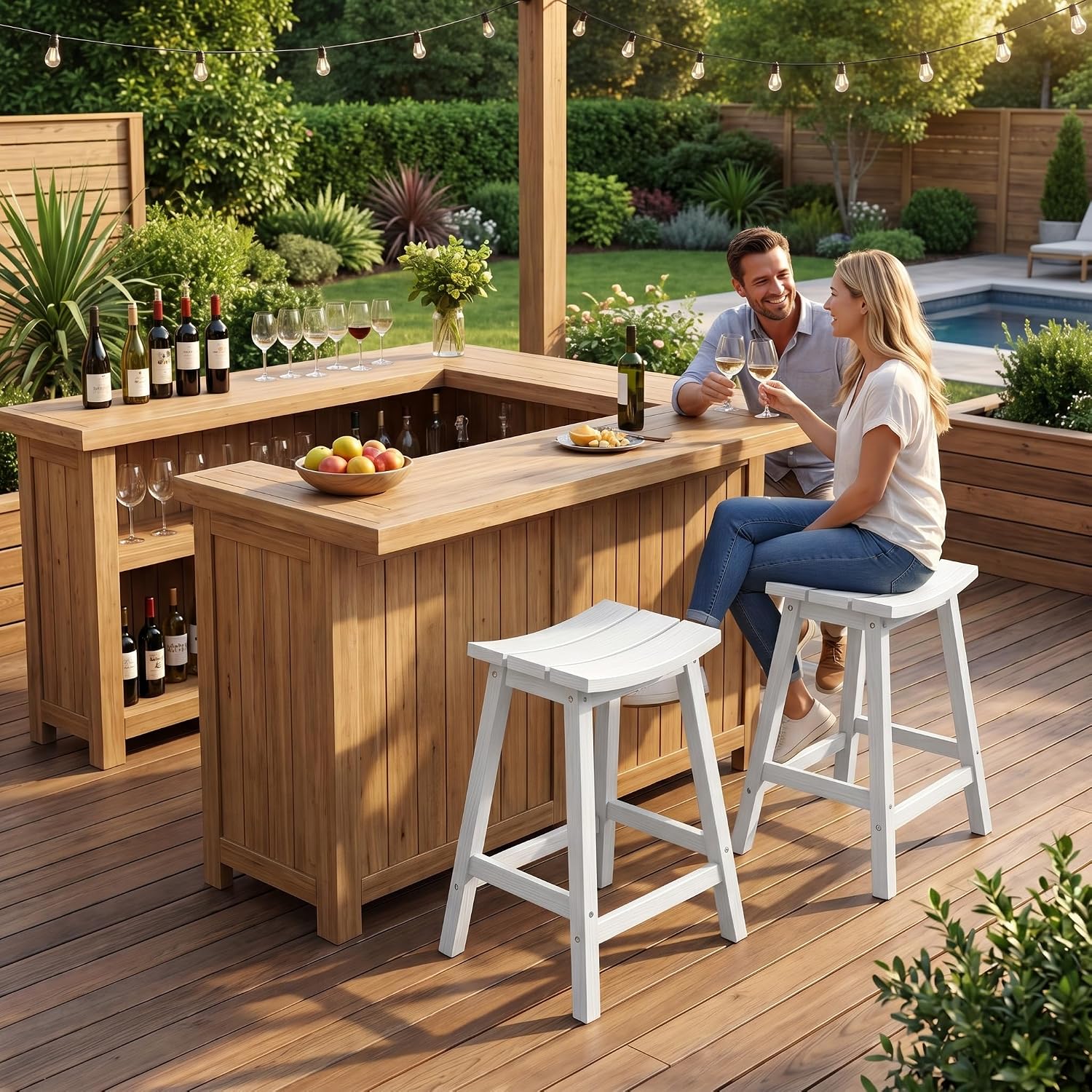 Ciokea 2 Set 24" Outdoor Bar Stools Heavy Duty HDPE Counter Height Bar Stools Weatherproof Patio Seats Modern Waterproof BarStools for Bar Deck Balcony Kitchen Counter Yard, White