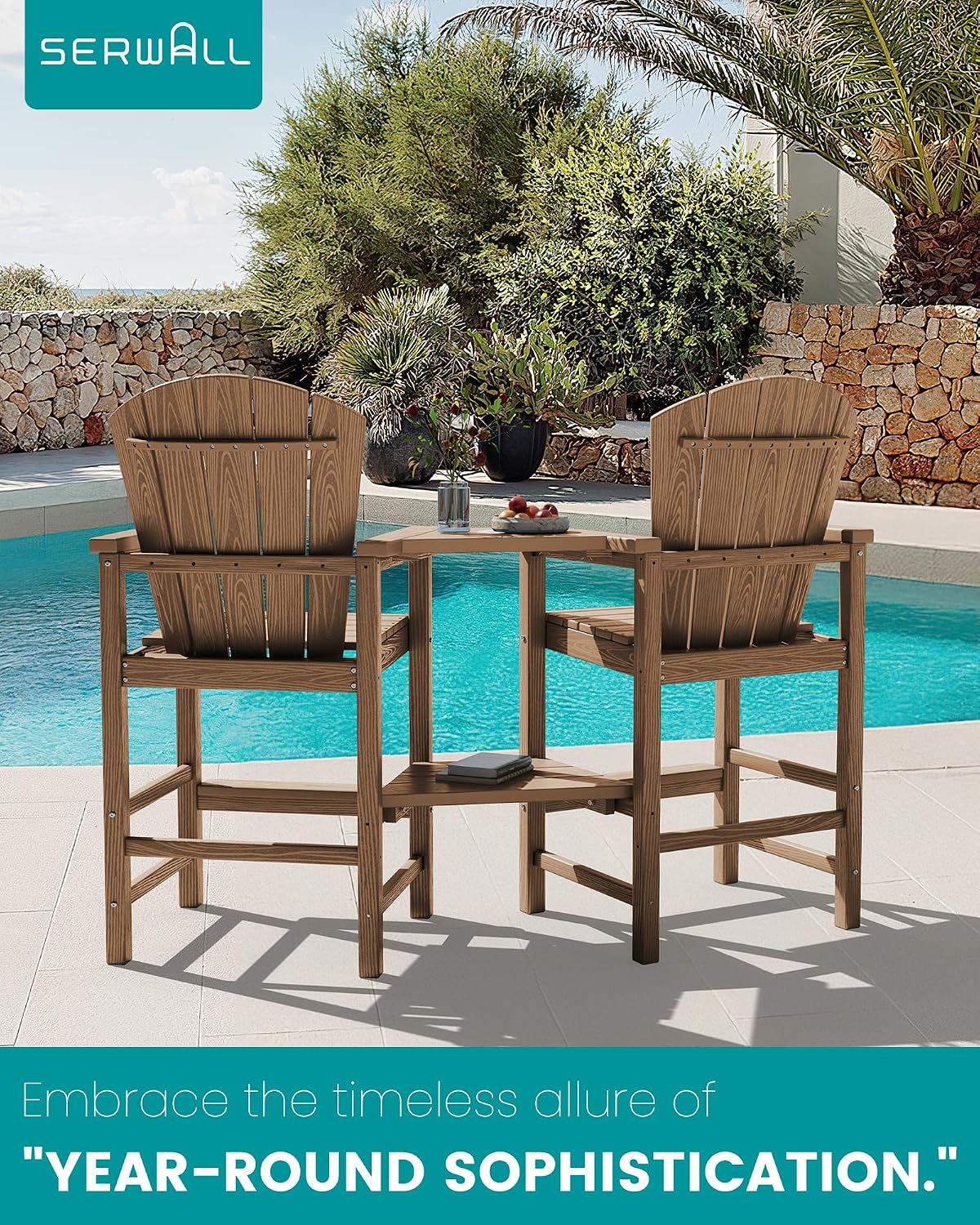 SERWALL Tall Adirondack Chairs Set of 2 with Double Layer Connecting Tray, HDPE Bar Height Outdoor Chairs, Wood-Like Adirondack Bar Stools for Patio, Balcony, Porch, Brown