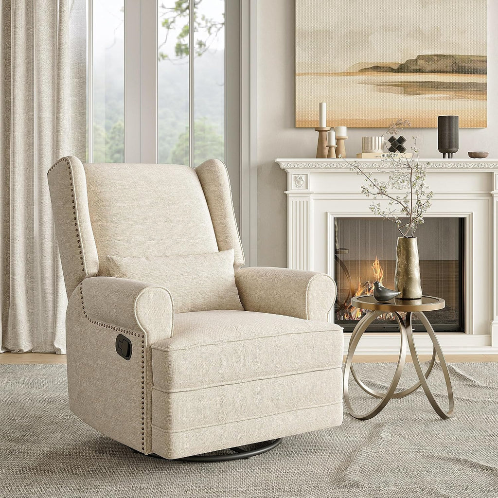 Gecheer Swivel Recliner Chair with Lumbar Pillow and Footrest – Glider Rocking Chair for Nursery, Bedroom or Living Room – Beige Upholstered Swivel Rocker