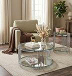 SSLine Round Glass Side Table with Silver Stainless Steel Frame Luxury Circle 2-Tier End Table for Living Room Modern Elegant Bedside Table with Storage Shelves for Home Office