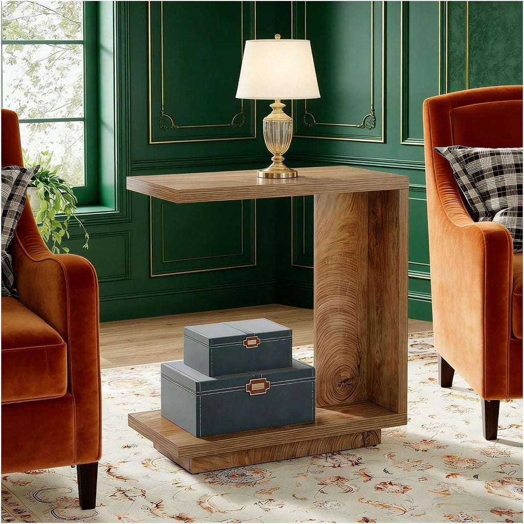 C Shaped End Table, Wood Side Table Nightstand - Bedside Table with 2 Shelves, Modern Living Room Small Accent Table