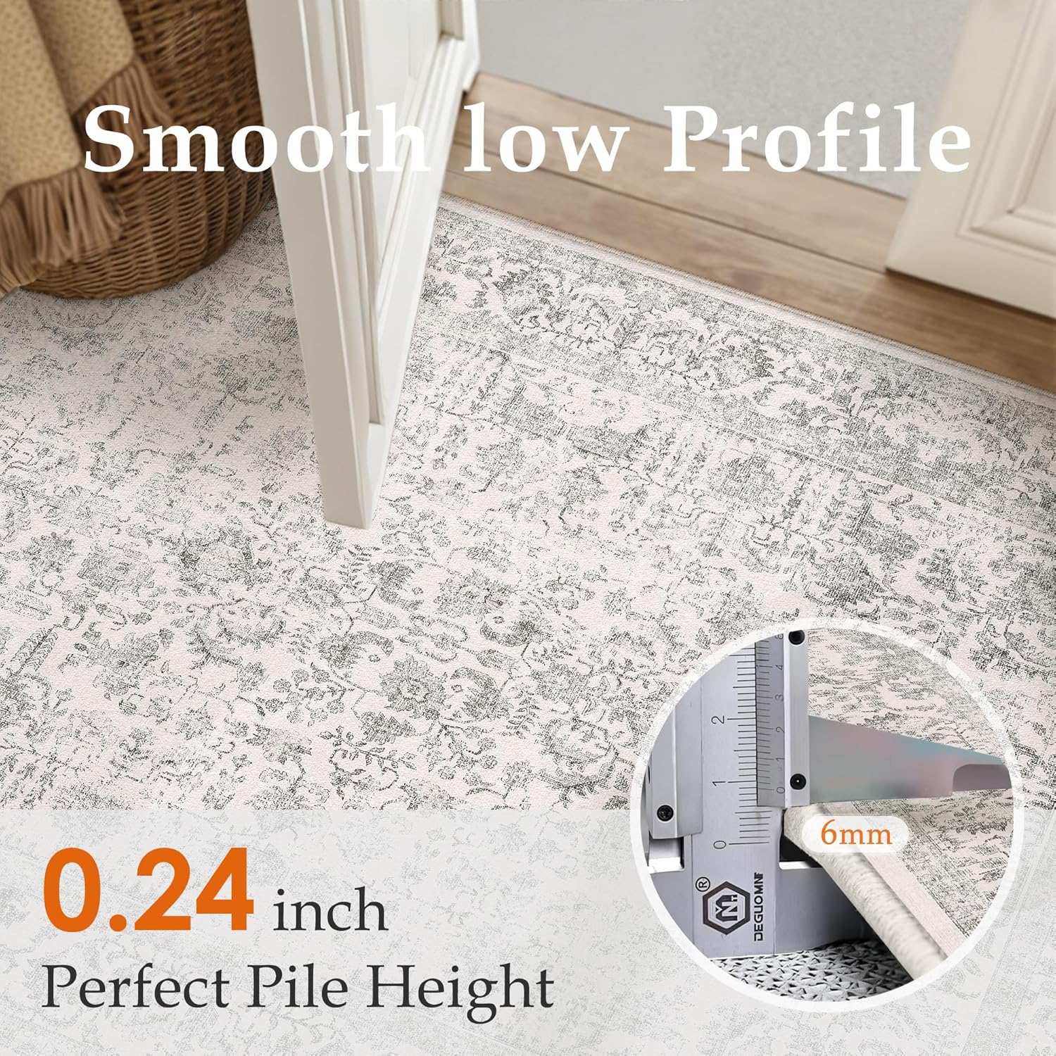 PureCozy Gray Runner Rug 2x6 Hallway Machine Washable Kitchen Vintage Distressed Non Slip Long Carpet Indoor Grey Retro Floral Bedroom Accent Throw Rug for Bathroom Office Laundry Dining Living Room