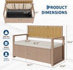 75 Gallon Outdoor Storage Bench, 2-Seater PE Rattan Deck Box with Cushion & Backrest, Waterproof Patio Seat with Acacia Wood Armrests & Metal Frame for Porch, Backyard, Garden, Poolside