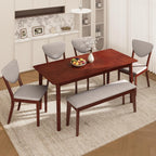 Ahomly 6-Piece Dining Table Set for 6, Solid Rubberwood Table with Bench & 4 Upholstered Linen Chairs, Rectangular, Dark Cherry Finish (Grey Cushions)