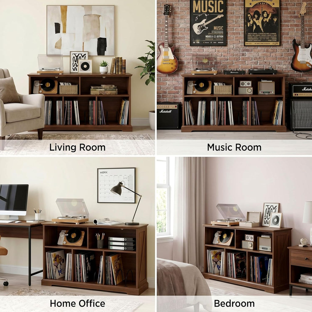 IRONCK 55in Mid-Century Modern Record Player Stand, Record Player Cabinet with Charging Station & USB Ports, Vinyl Record Storage Cabinet with Open Shelf for Living Room, Music Room, Walnut