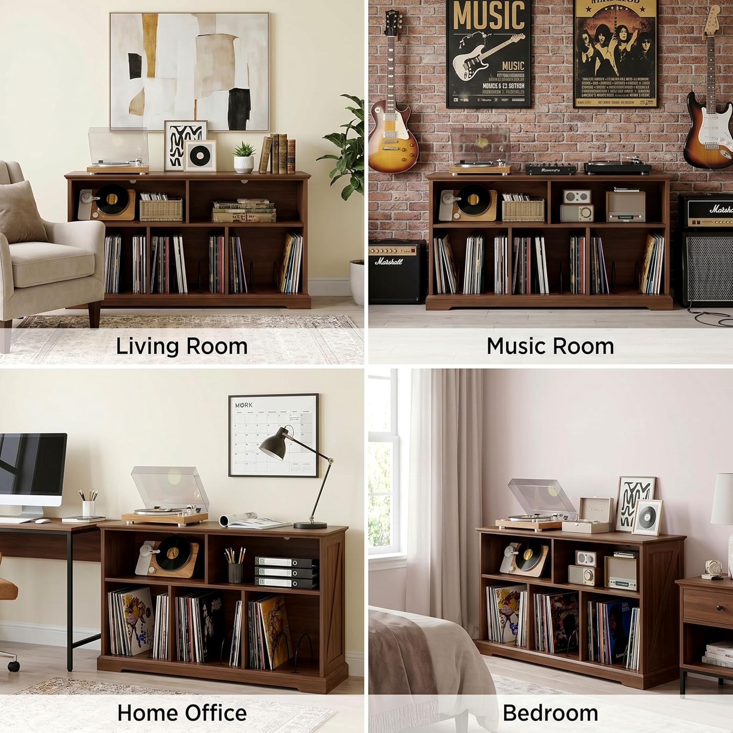 IRONCK 55in Mid-Century Modern Record Player Stand, Record Player Cabinet with Charging Station & USB Ports, Vinyl Record Storage Cabinet with Open Shelf for Living Room, Music Room, Walnut