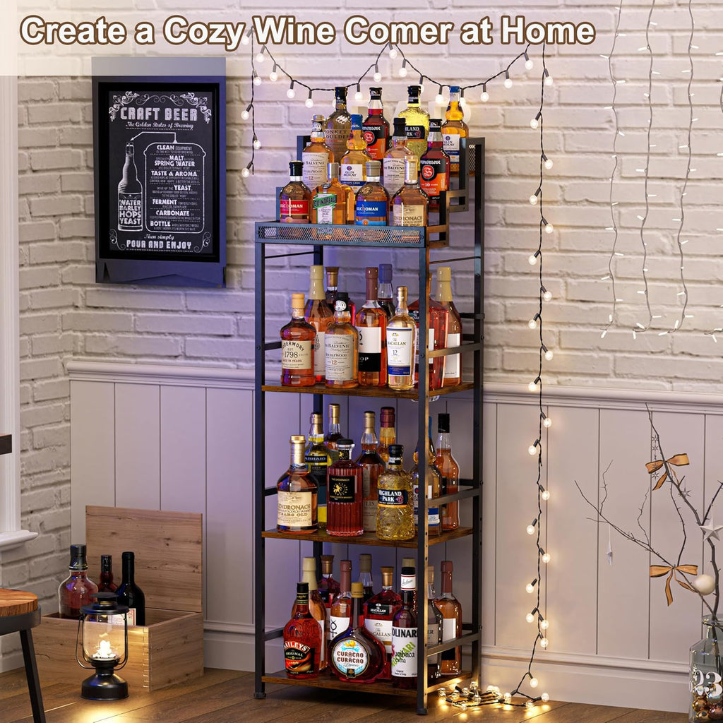 6-Tier Liquor Cabinet for Home Bar, Freestanding Stepped Wine Rack with Open Shelves for Whiskey & Coffee Syrup Storage, Corner Display Stand for Alcohol Bottle, Bar Cart Style for Living Room Kitchen