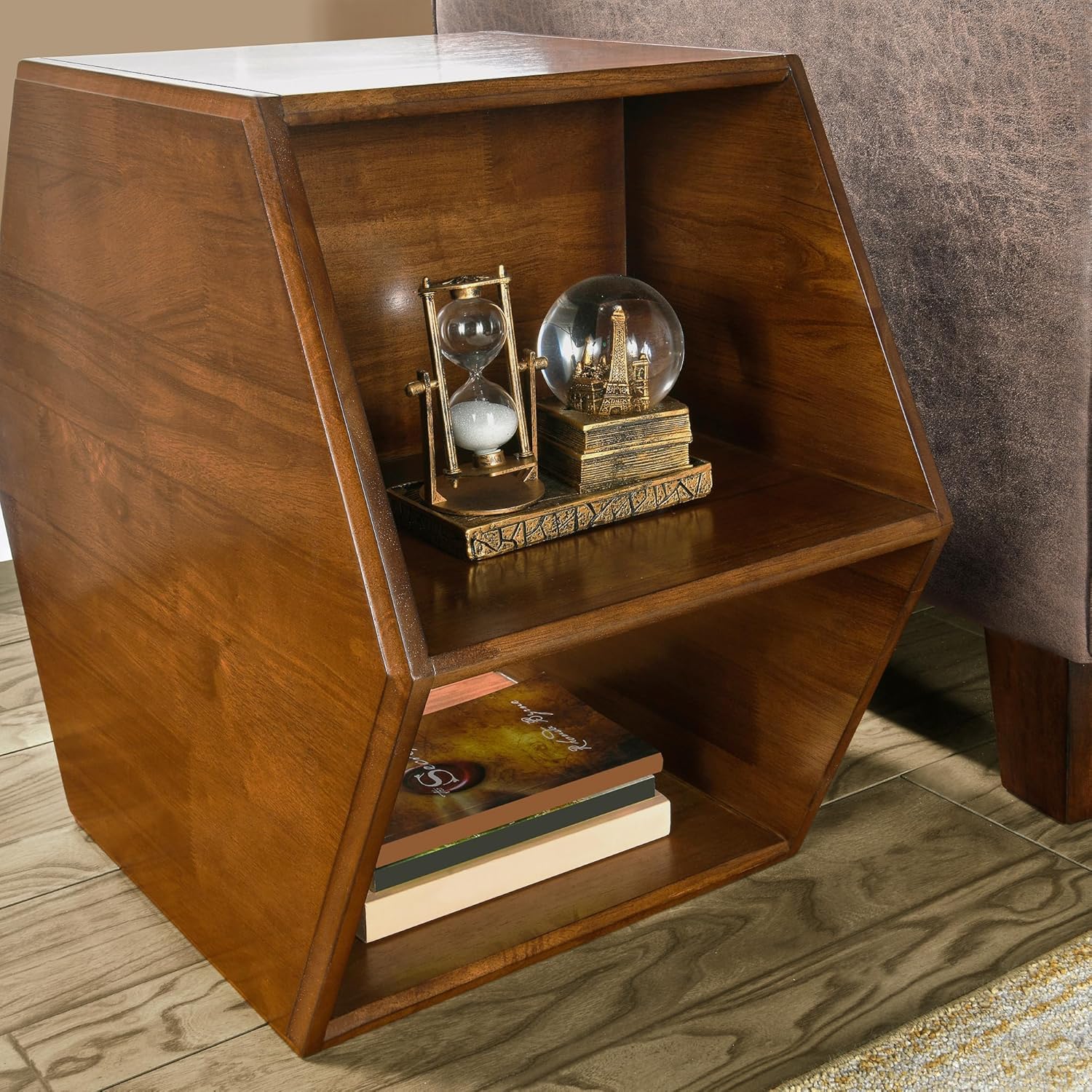 LEEMTORIG Hexagonal Narrow Solid Wood End Table, Multi Purpose Coffee Table with 2-Tier Storage Shelves, Modern Cherry Walnut Side Table for Living Room, 22.3" Dx13.9 Wx19.4 H, No Assembly, CJ-005