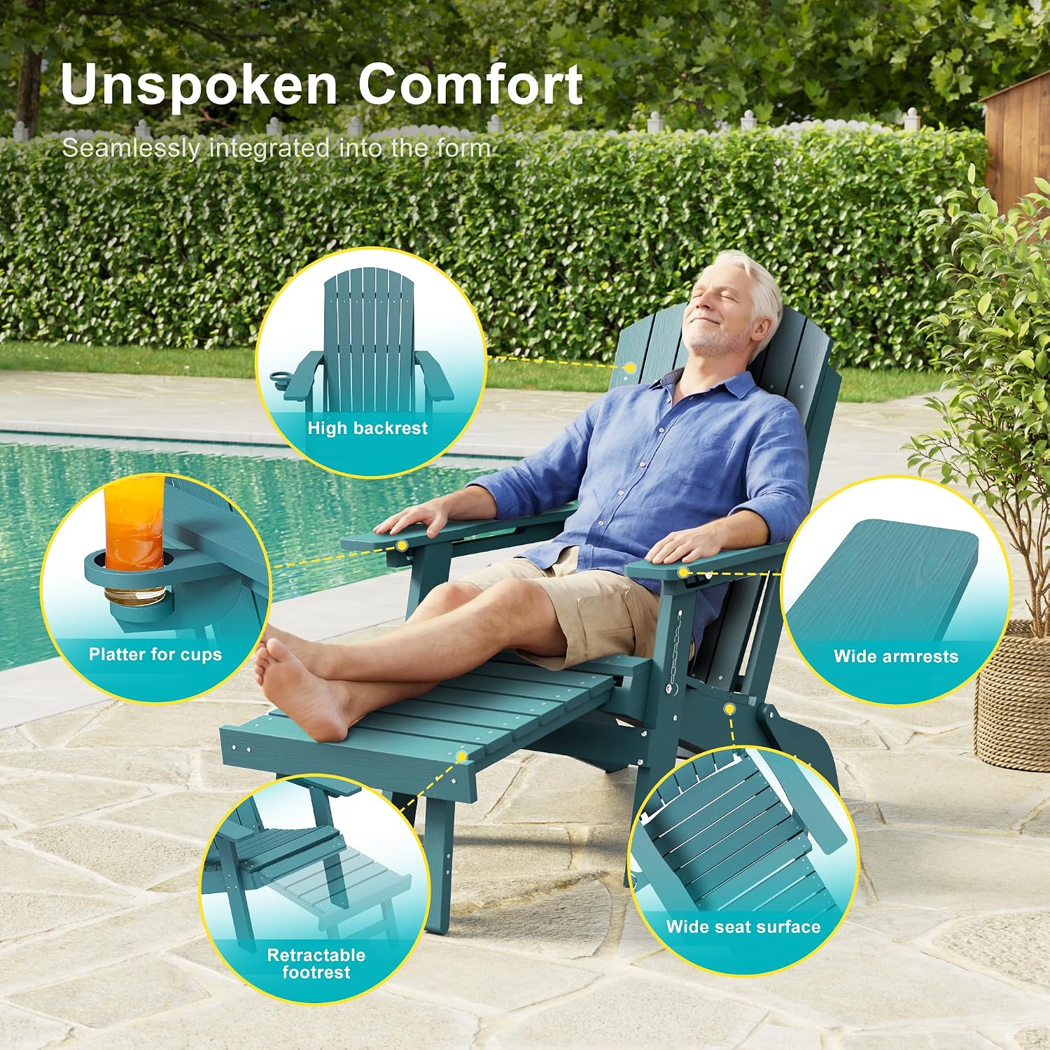 3-Position Adjustable Folding Adirondack Chair with Retractable Ottoman, HDPE Weather Resistant Patio Chair Set of 2 with Hidden Cup Holder for Lawn, Deck and Garden, Lake Blue