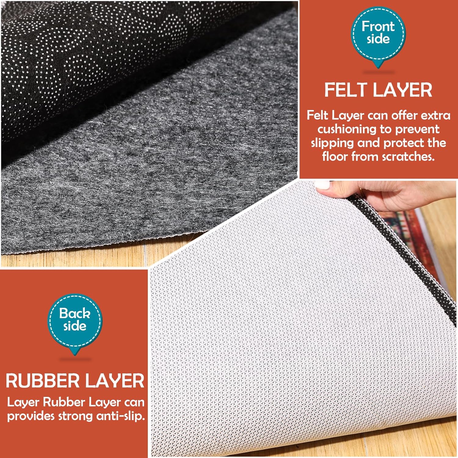 Waterproof Rug Pad, 7x9 Ft Under Area Rug Carpet Pad, Non Slip Rug Pads for All Floors and Hardwood Floors Finishes, Keep Carpets in Place Soft and Prevent Rug from Wrinkling or Buckling
