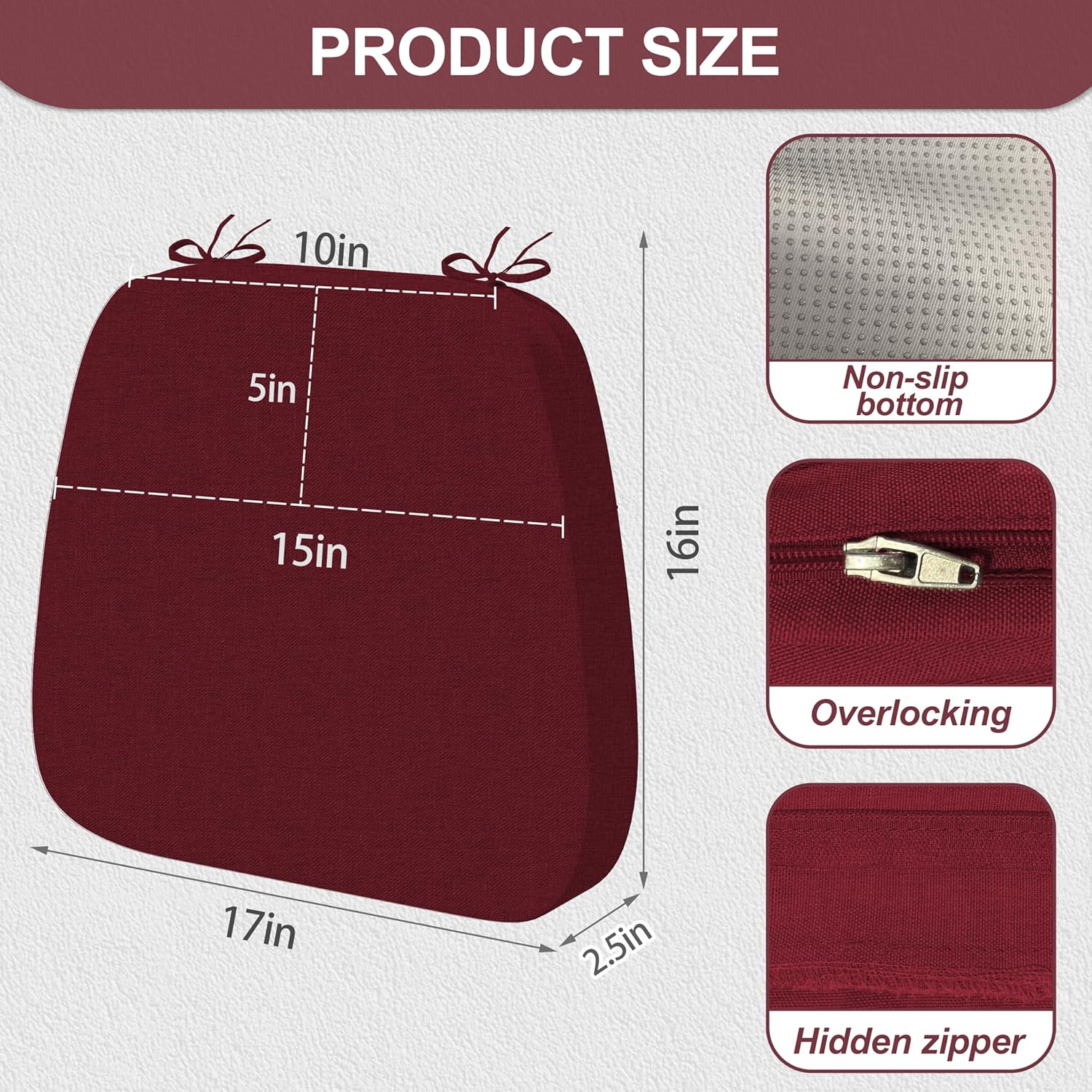 17'' x 16'' x 2.5"Thick Chair Cushions for Dining Chairs, 6 Pack WaterProof Easy Clean Kitchen Chair Pads with Ties and Non-Slip Backing - 30D High Elastic Foam Soft Kitchen Chair Cushions