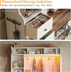 AMERLIFE 75" 7-in-1 Farmhouse Hall Tree with Bench and shoe storage, LED Entryway Bench with Coat Rack, 12 Shoe Cubbies, 2 Drawers, Barn Doors & Adjustable Shelf, Mudroom Hallway Cabinet, Rustic White