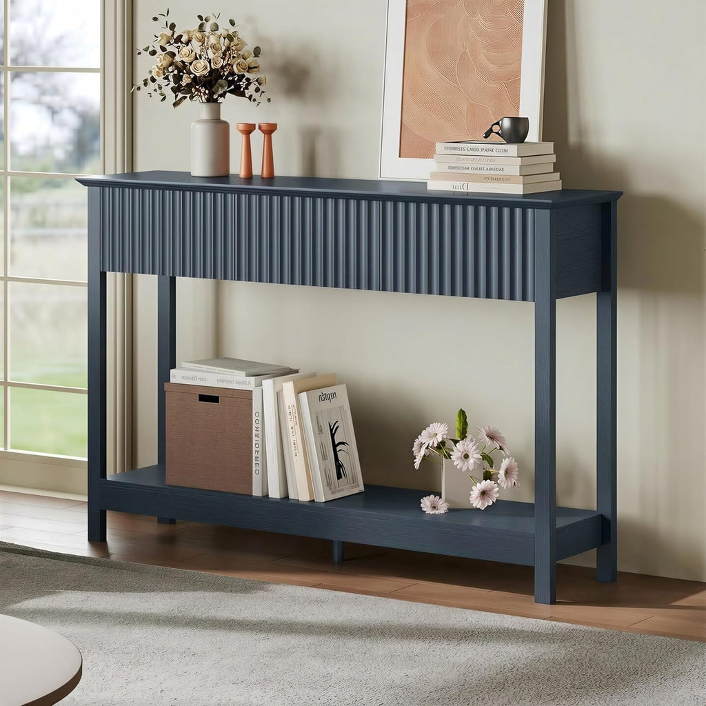 Treocho 47" Fluted Console Table with 3 Drawers, Narrow Long Entryway Table with Storage and Shelf, 2-Tier Sofa Table Behind Couch Accent Tables for Entrance Foyer, Hallway, Living Room, Blue