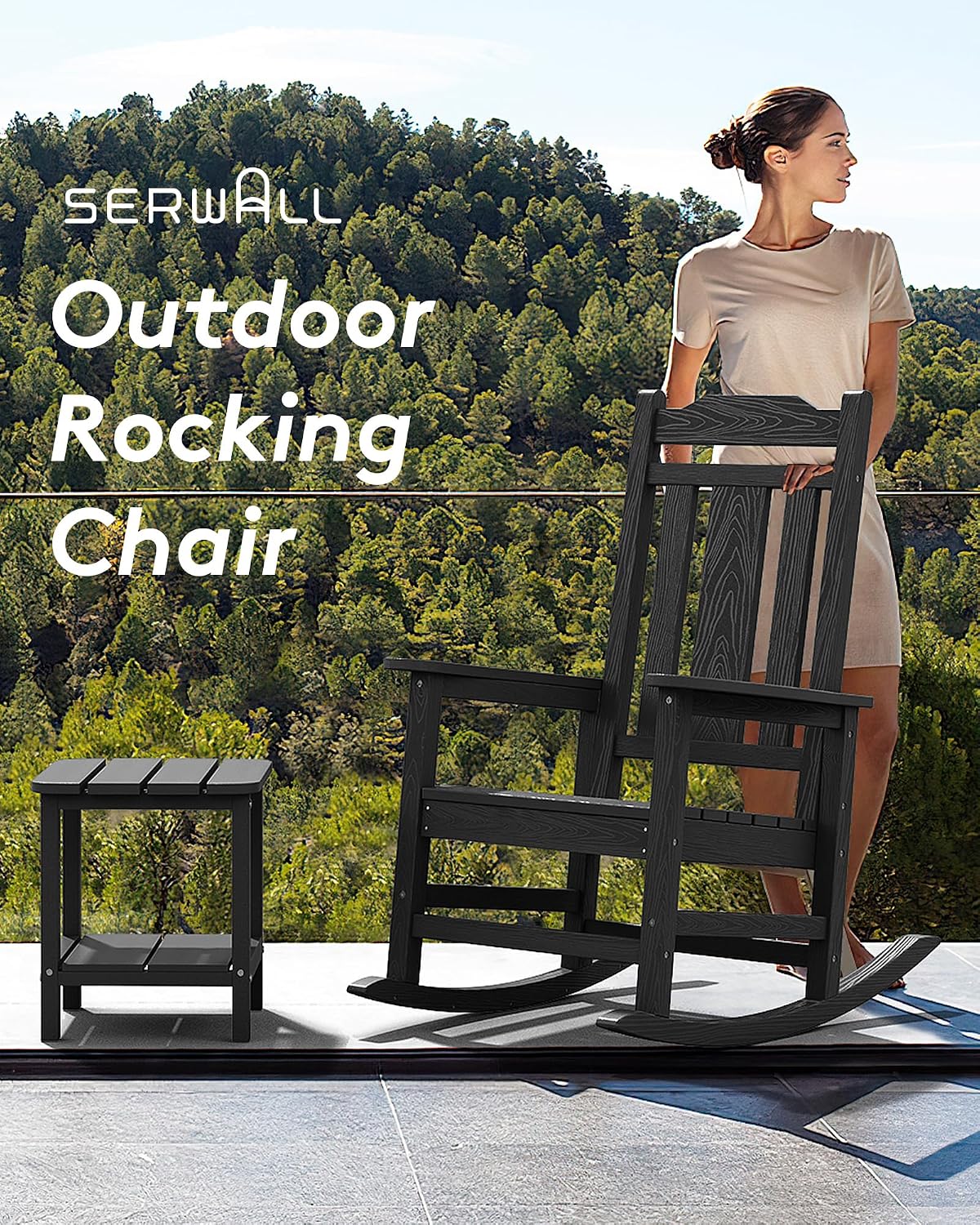 SERWALL HDPE Oversized Outdoor Rocking Chairs Set of 2, Patio Rocker, Black | Heavy Duty Front Porch Rocker, All Weather Rocking Chairs for Adults, Durable