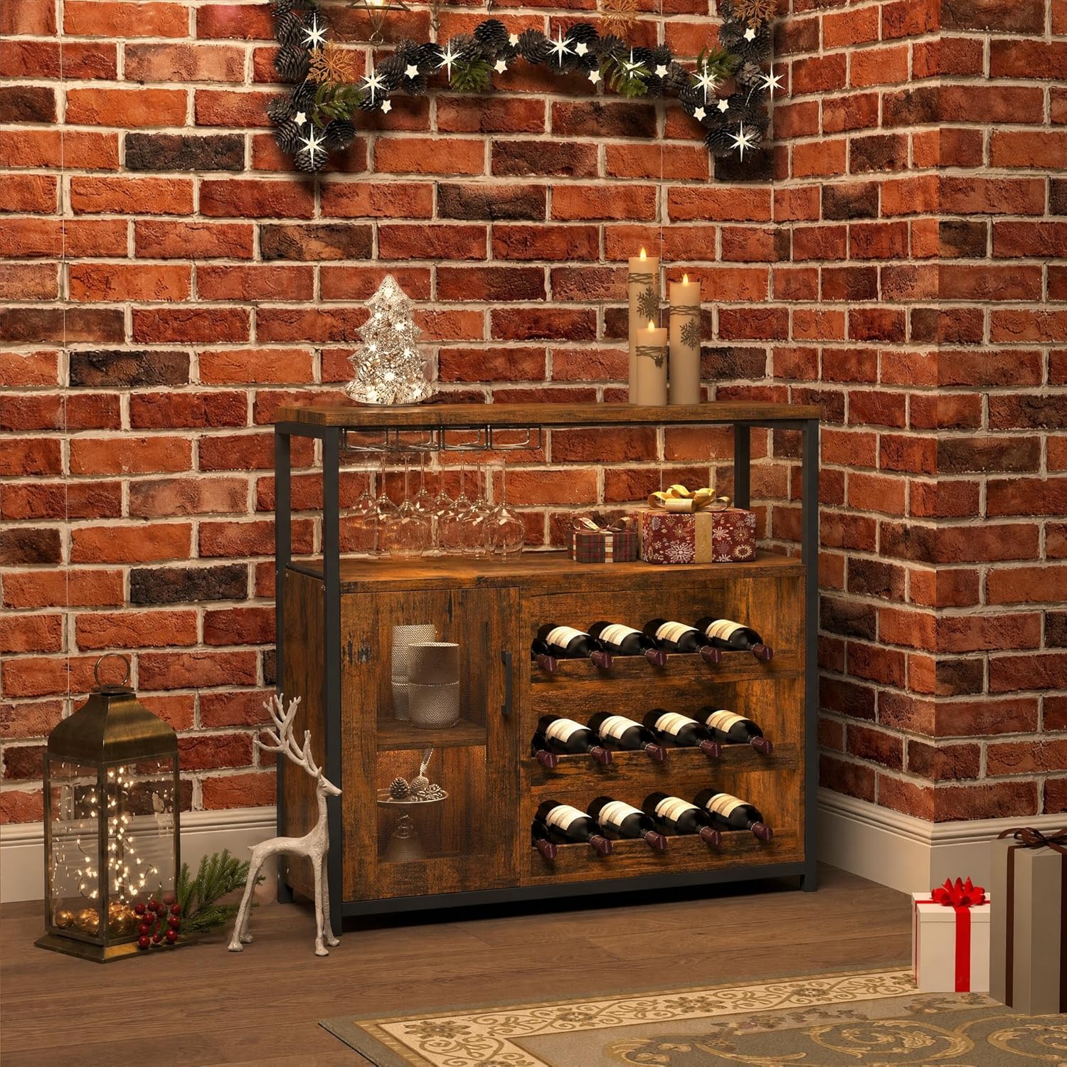 Wine Bar Cabinet with LED light, 3-Tier Removable wine rack cabinet glass holder, Mesh door adjustable shelf display cabinet bar, Waterproof metal frame buffet cabinet with storage bar cabinet, Retro