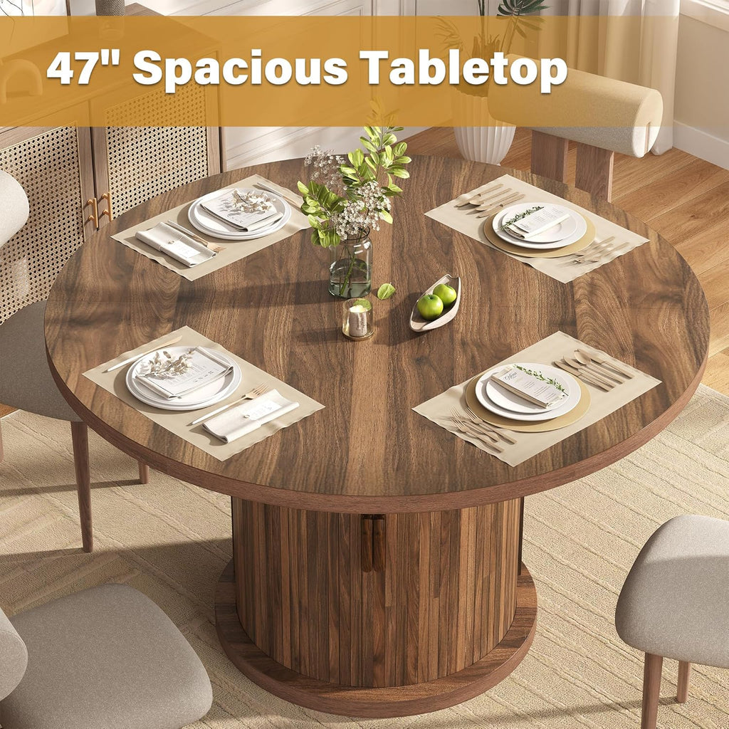 knoworld 47" Round Dining Table for 4-6, Modern Fluted Pedestal Kitchen Table with Hidden Storage, Walnut Wood Circle Dinner Table for Dining Room & Small Spaces, Walnut