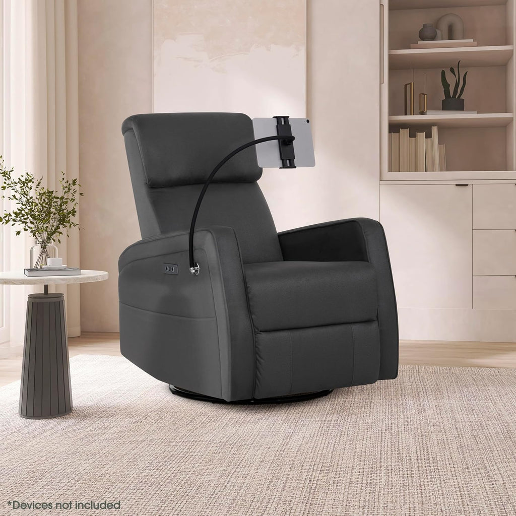 Evolur Maverick Upholstered Power Glider Recliner with Device Holder – Swivel, Rocking & Smooth Power Recline – Greenguard Gold & FSC Certified, Modern Nursery and Living Room Chair in Tempered Grey