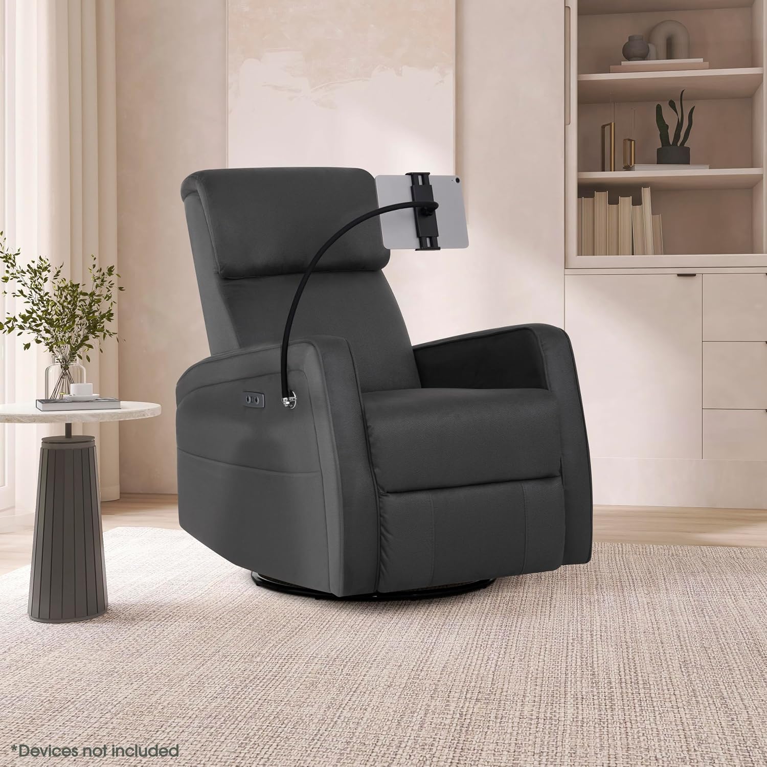 Evolur Maverick Upholstered Power Glider Recliner with Device Holder – Swivel, Rocking & Smooth Power Recline – Greenguard Gold & FSC Certified, Modern Nursery and Living Room Chair in Tempered Grey