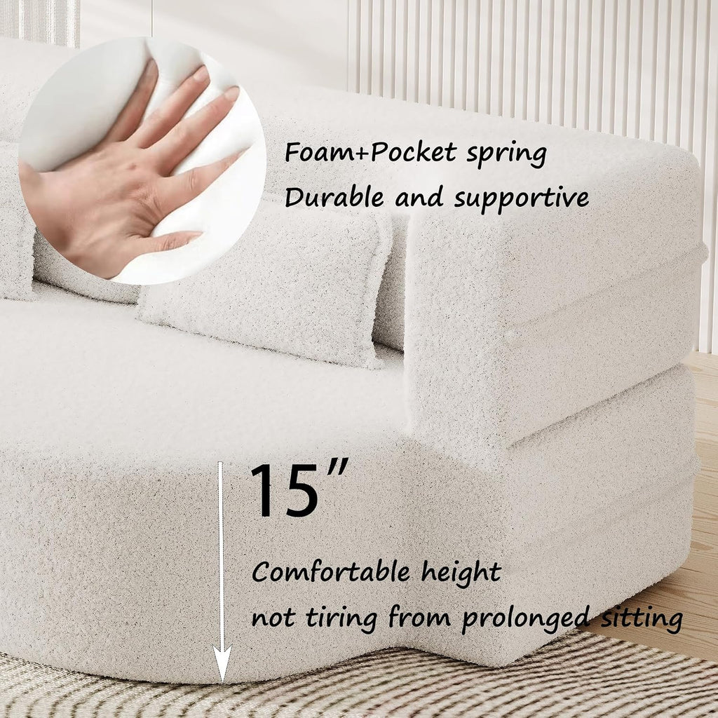 Modern Floor Sofa with 2 Pillows,Convertible Teddy Fabric Foam-Filled Sleeper Sofa Bed,15" Full Size Folding Mattress for Living Room, Guest Bed, Playroom,no Assembly Required (White@091)