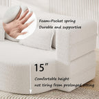 Modern Floor Sofa with 2 Pillows,Convertible Teddy Fabric Foam-Filled Sleeper Sofa Bed,15" Full Size Folding Mattress for Living Room, Guest Bed, Playroom,no Assembly Required (White@091)