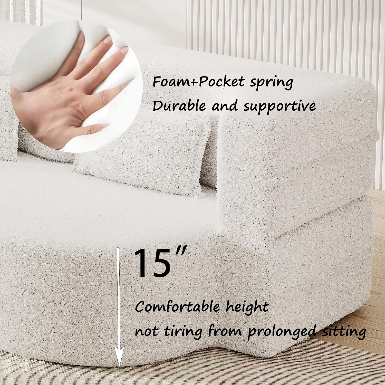 Modern Floor Sofa with 2 Pillows,Convertible Teddy Fabric Foam-Filled Sleeper Sofa Bed,15" Full Size Folding Mattress for Living Room, Guest Bed, Playroom,no Assembly Required (White@091)