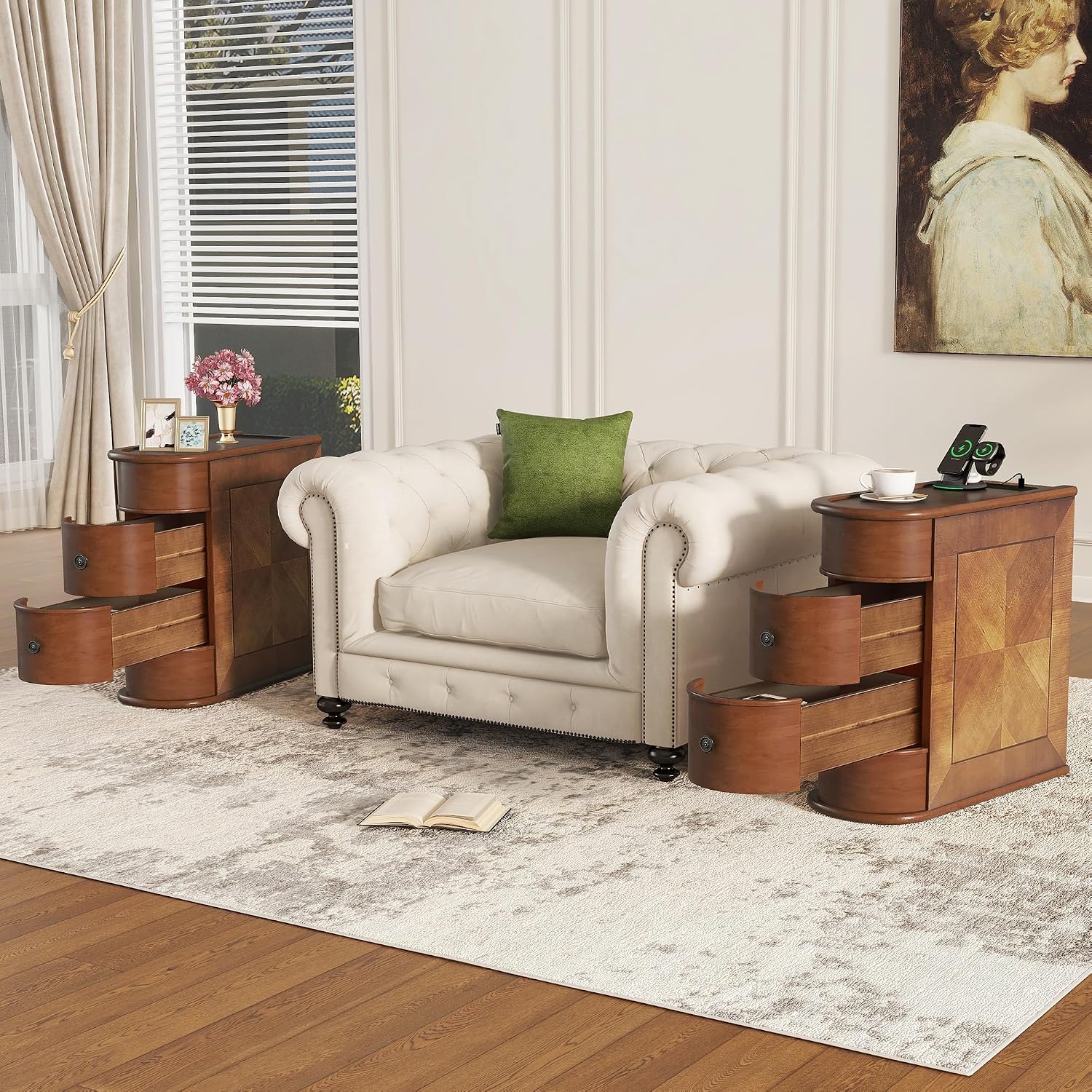 Narrow End Table with Charging Station, Skinny Side Table for Living Room, Slim Nightstand Bedside Table with Storage Drawers Sofa Side Table for Small Spaces Bedroom, No Assembly (2 Drawers)