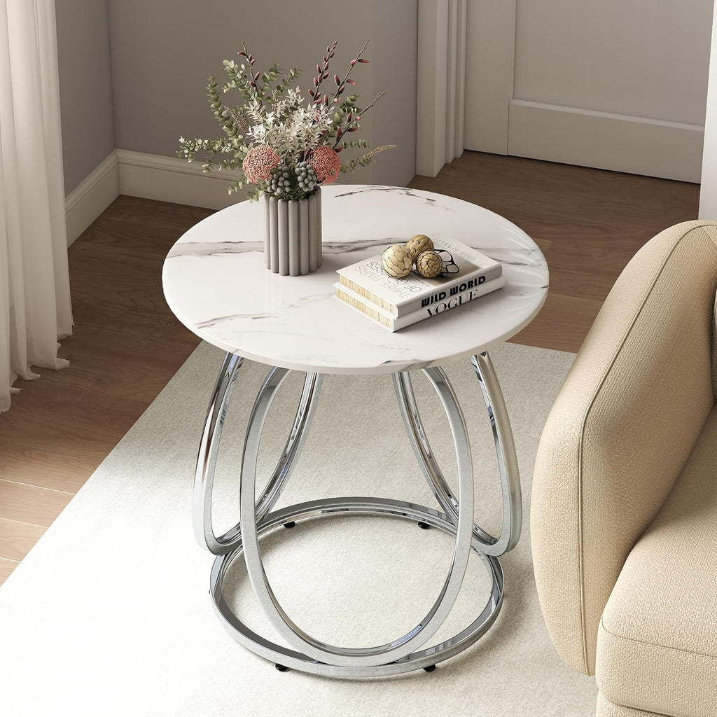 O&K FURNITURE Silver End Table, Round Side Table with Faux Marble Veins, Modern Nightstand for Bedroom, Living Room, Home Office, 1PC
