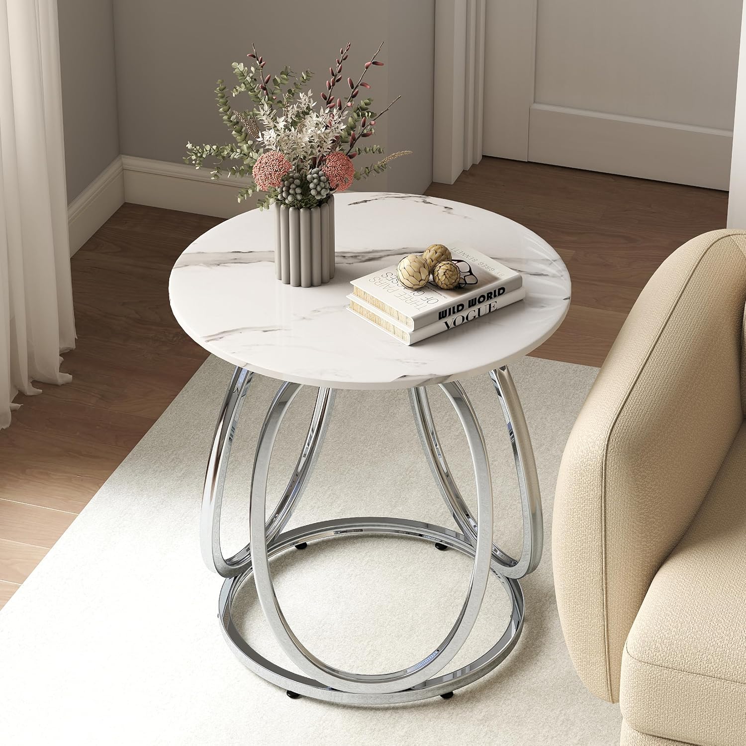 O&K FURNITURE Silver End Table, Round Side Table with Faux Marble Veins, Modern Nightstand for Bedroom, Living Room, Home Office, 1PC