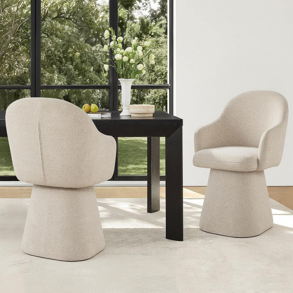 KISLOT Swivel Dining Chairs Set of 2, Upholstered Modern Barrel Dining Chairs with 360° Swivel Base, Chenille Velvet Fabric Accent Kitchen Chairs with Arms, Padded Dining Room Chairs, Sand