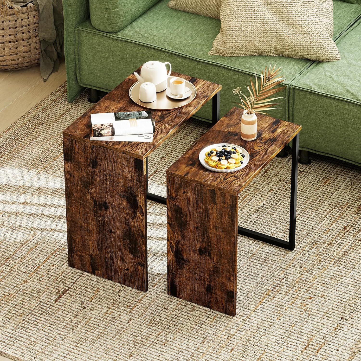 Giantex Nesting Coffee Table Set of 2, Rectangular Stackable Side Tables with Sturdy Metal Frames, Modern Nesting End Tables for Living Room, Bedroom, Rustic Brown
