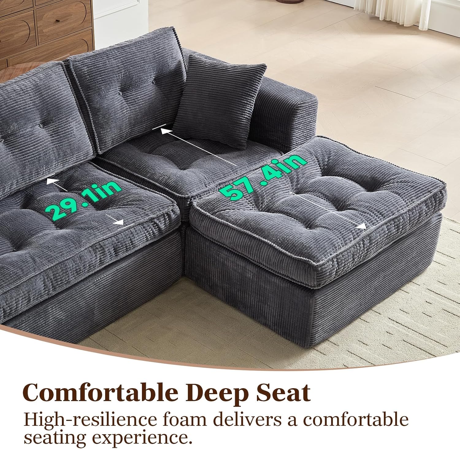 ROXGOX Modular Sectional Sofa, Modern Boneless Couch with L-Shape Chaise, Home Sectional Comfy Sofa Set for Living Room Bedroom and Floor, Plush Corduroy, No Assembly Required (Gray)
