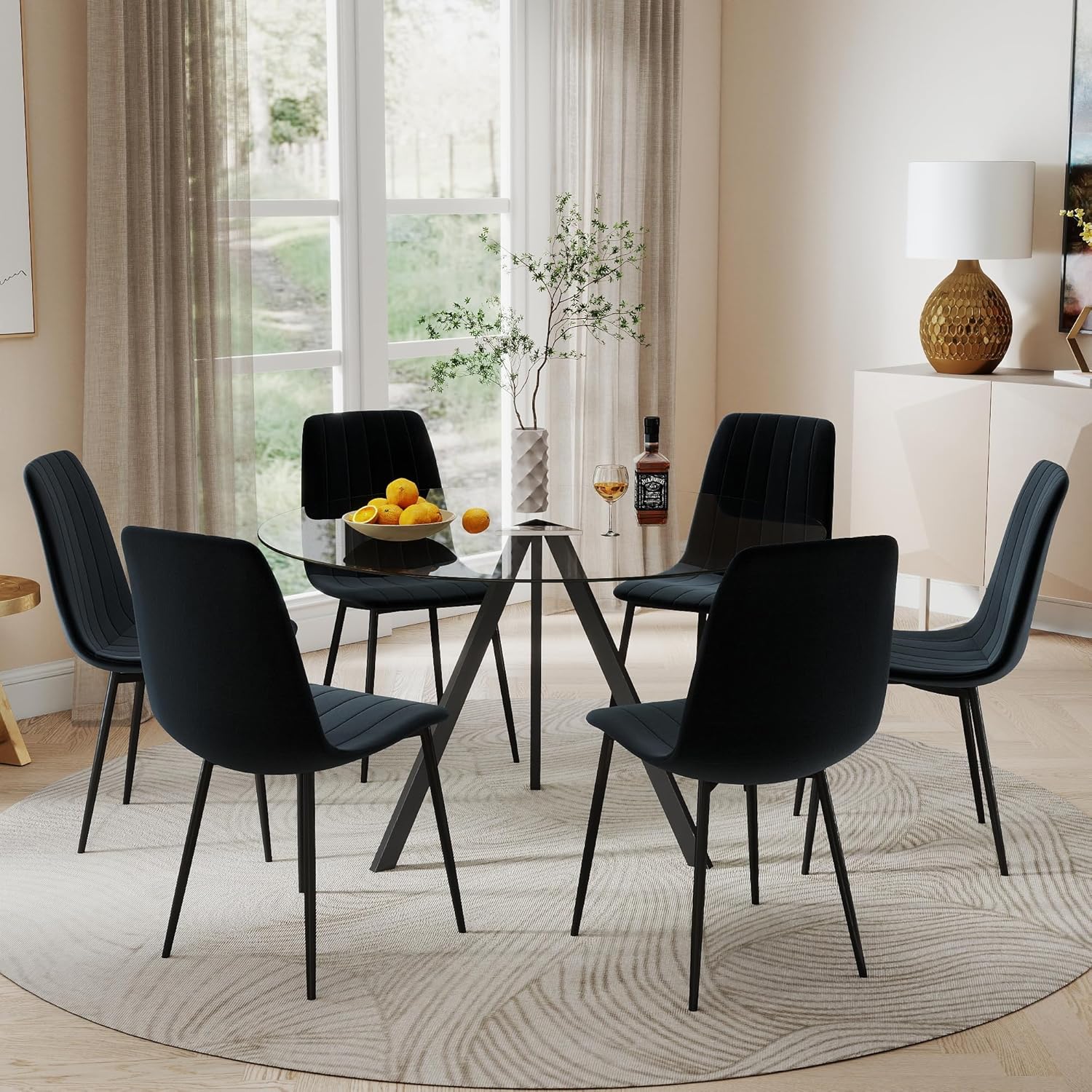 Round Dining Table for 4, 47" Modern Glass Dining Table, Leisure Coffee Table, Kitchen Circle Dinner Table, Saving Space(Black)