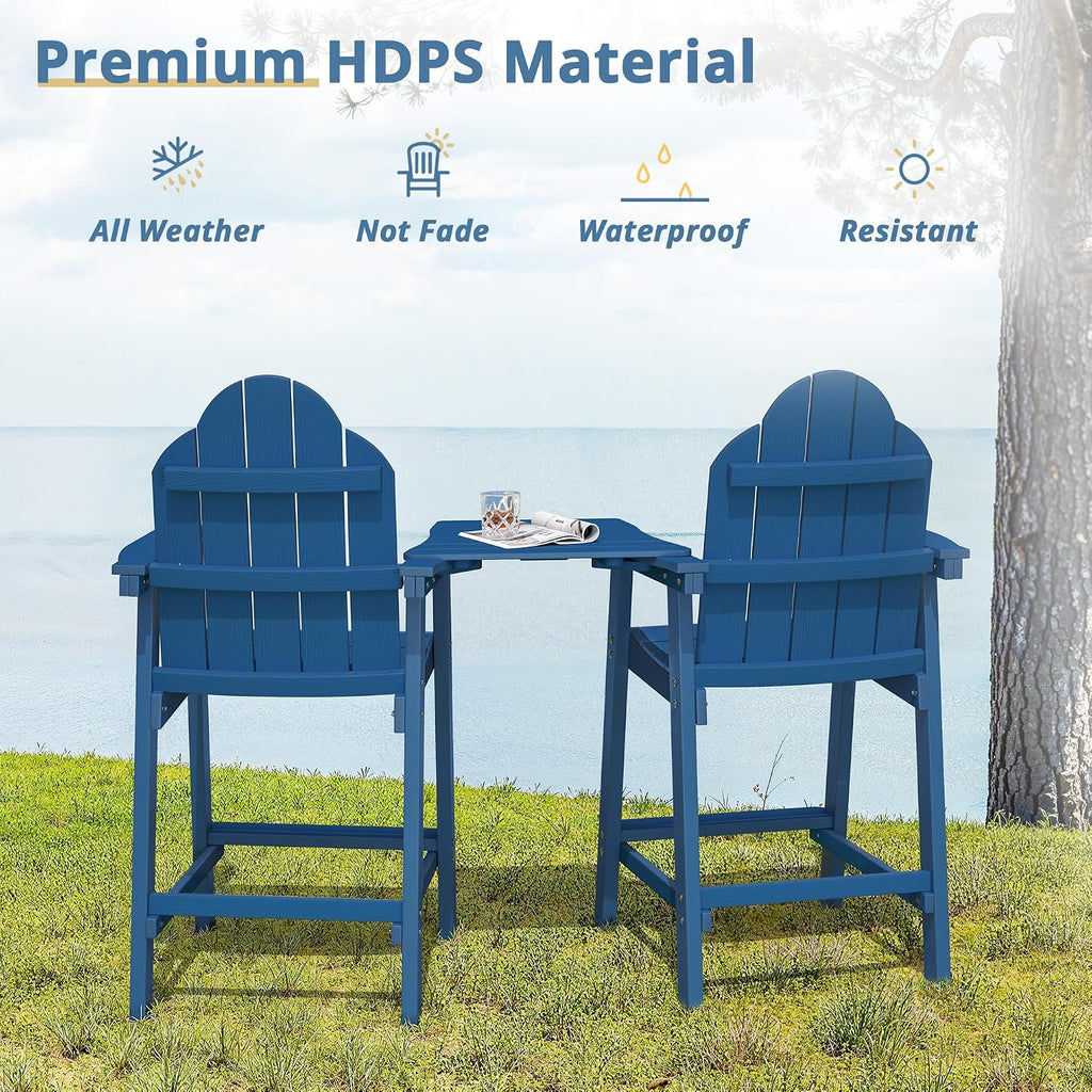 LUE BONA Tall Adirondack Chair Set of 2, All Weather HDPS Bar Height Chairs with Aluminum Legs, Detachable Table & Umbrella Hole for Patio, Deck, Backyard & Commercial Use Navy Blue