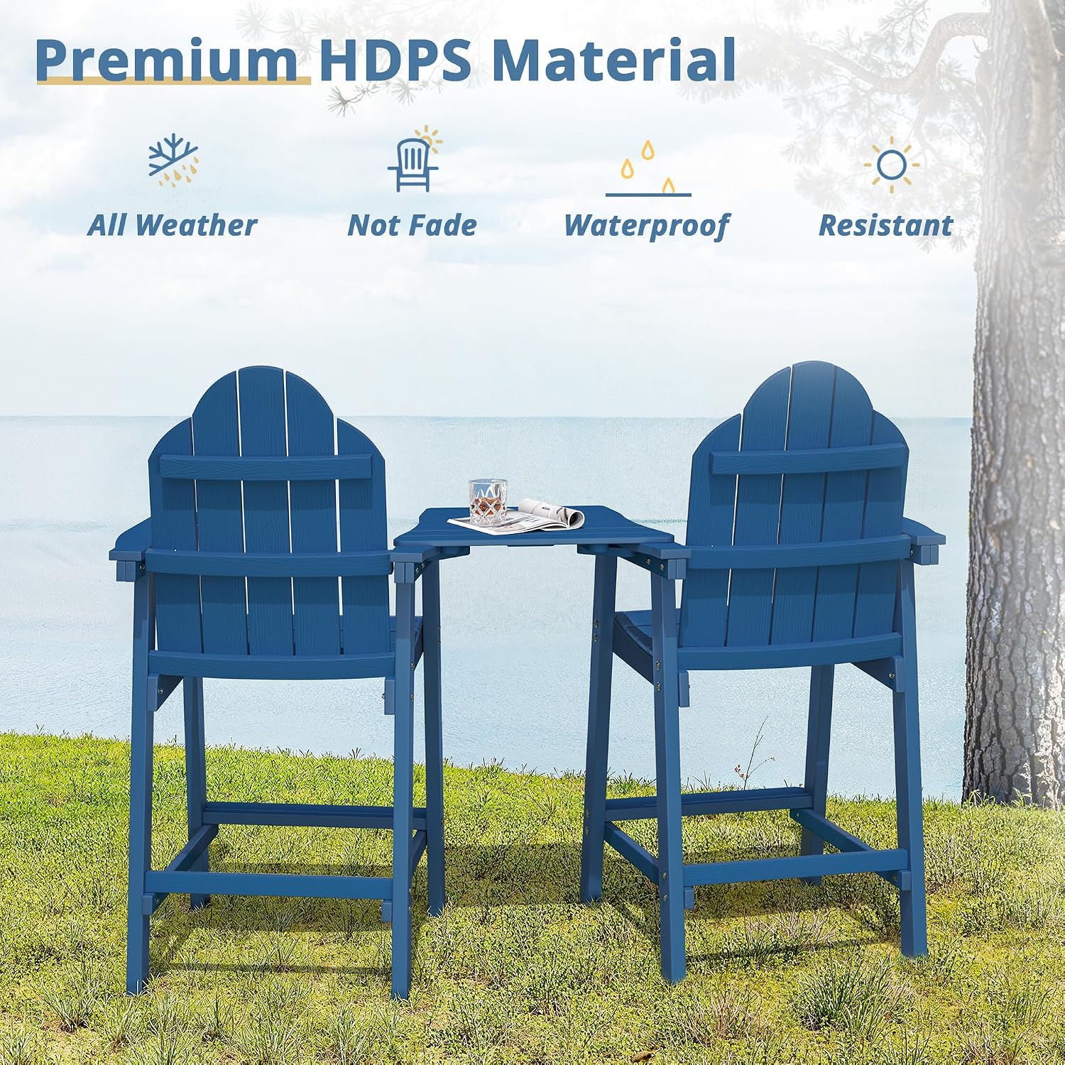 LUE BONA Tall Adirondack Chair Set of 2, All Weather HDPS Bar Height Chairs with Aluminum Legs, Detachable Table & Umbrella Hole for Patio, Deck, Backyard & Commercial Use Navy Blue