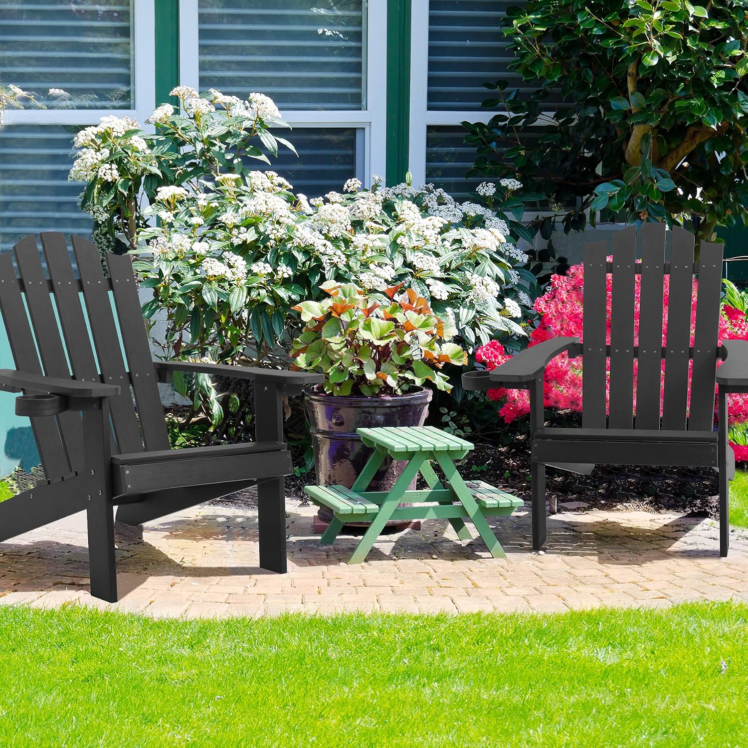 Melucivi Adirondack Chair Weather Resistant with Cup Holder, Fire Pit Chair Patio Outdoor Garden Resin Adirondack Chair for Adult, Black