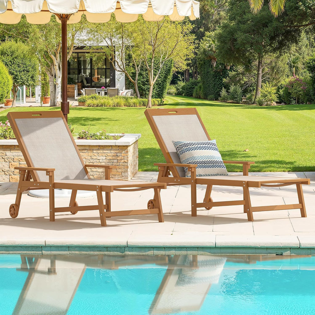 LUE BONA Chaise Lounge Chair Outdoor Set of 2, HDPS and HDPE Wicker Chaise Lounger with 5 Positions, Pool Lounge Chairs with Wheels and Adjustable Backrest for Patio, Poolside, Deck, Backyard