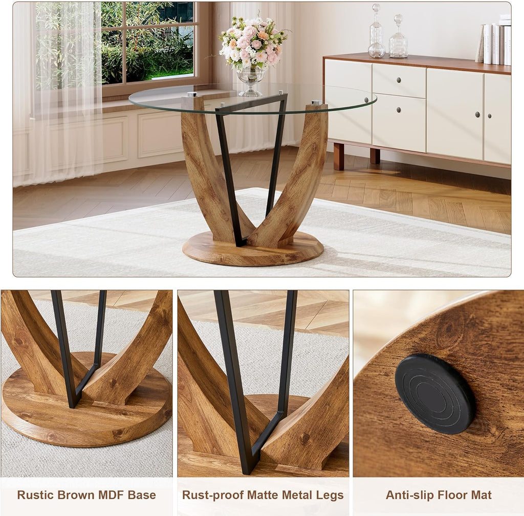 5-Piece Round Glass Dining Table Set for 4, 48” Modern Dining Room Table with Wood Grain Base, Brown Suede Upholstered Chairs with Black Metal Legs for Kitchen, Apartment, Breakfast Nook