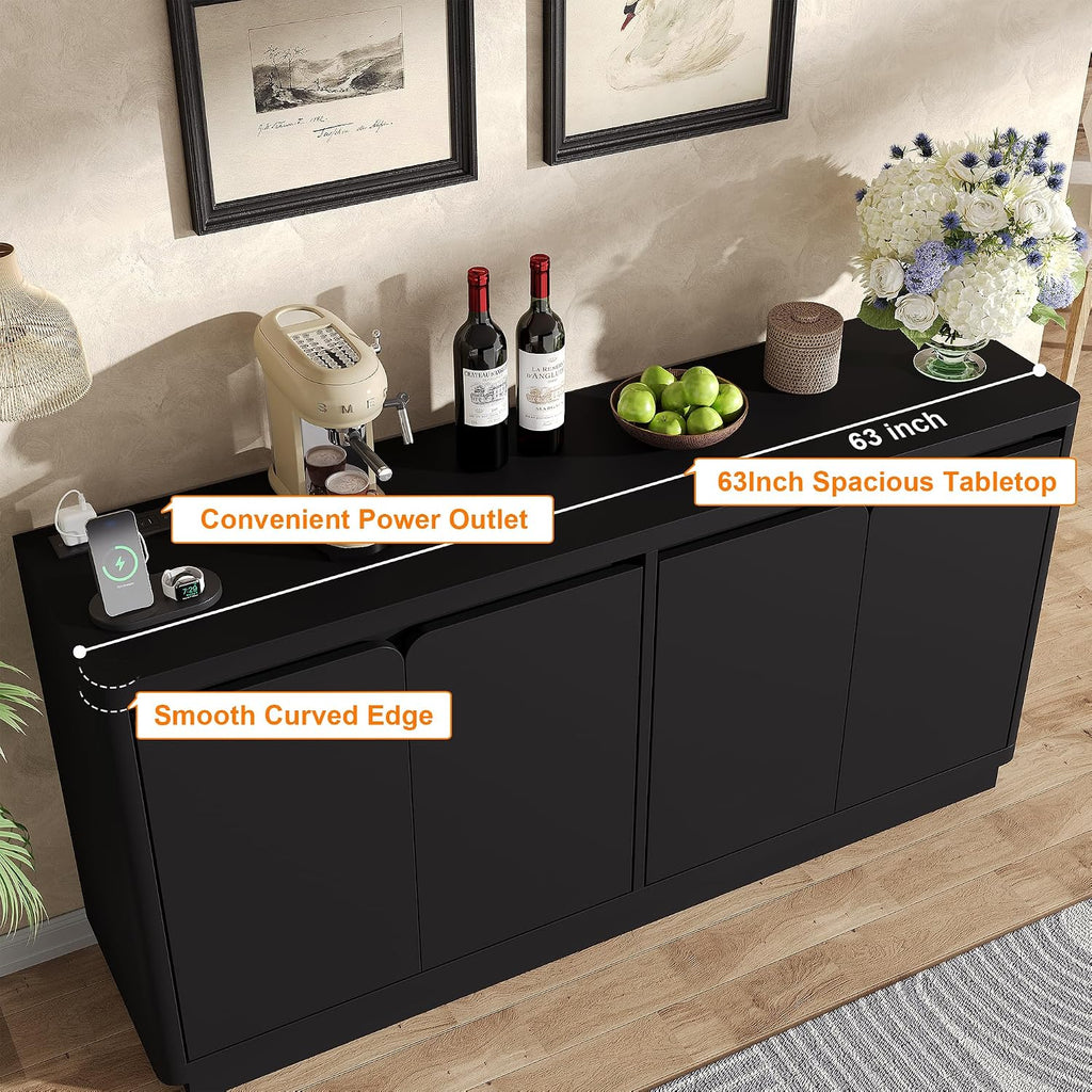 knoworld 63" Buffet Cabinet with Storage & Power Outlet, Wood Sideboard Credenza with Double-Arc Doors, Modern Coffee Bar Console Table for Kitchen Dining Room, Black