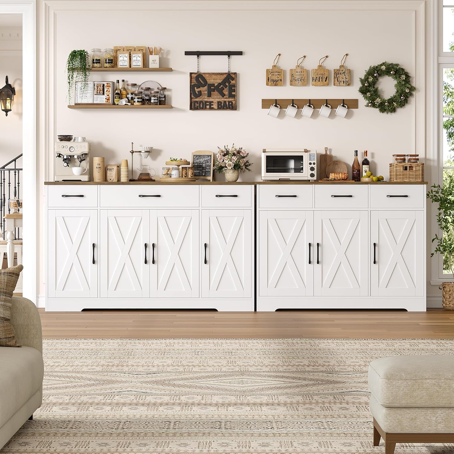 HOSTACK Buffet Cabinet with Drawers, 55" Large Sideboard Buffet Storage Cabinet with Shelves and Doors, Modern Farmhouse Coffee Bar Station Wood Kitchen Table for Kitchen, Dining Room, White/Rustic