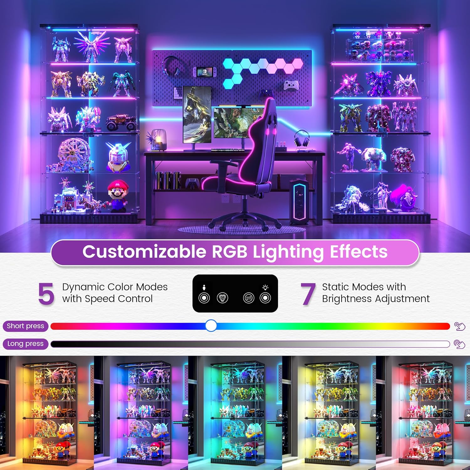 67" Glass Display Cabinet with RGB Lights for Collectibles, Dual Lockable 5-Tier Curio Cabinet with Glass Doors, Lighted Display Case with Motion Sensor for Action Figures/Models/Trophy, Black