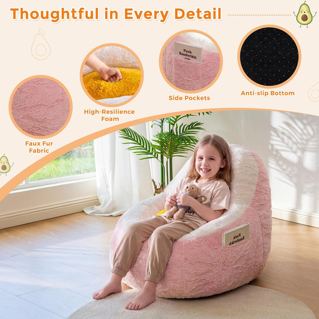 MAXYOYO Kids Bean Bag Chair, Cute Avocado-Shaped Toddler Sofa Chair, Pink | Soft Faux Fur Floor Chair with Backrest, Comfy Sofa for Boys and Girls , Floor Seat for Bedroom, Playroom, Nursery