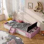 Twin Size Velvet Upholstered Floor Daybed with Stairs, Gas Lift Storage Ottoman and Padded Guardrails for Kids (Pink+White, Twin)