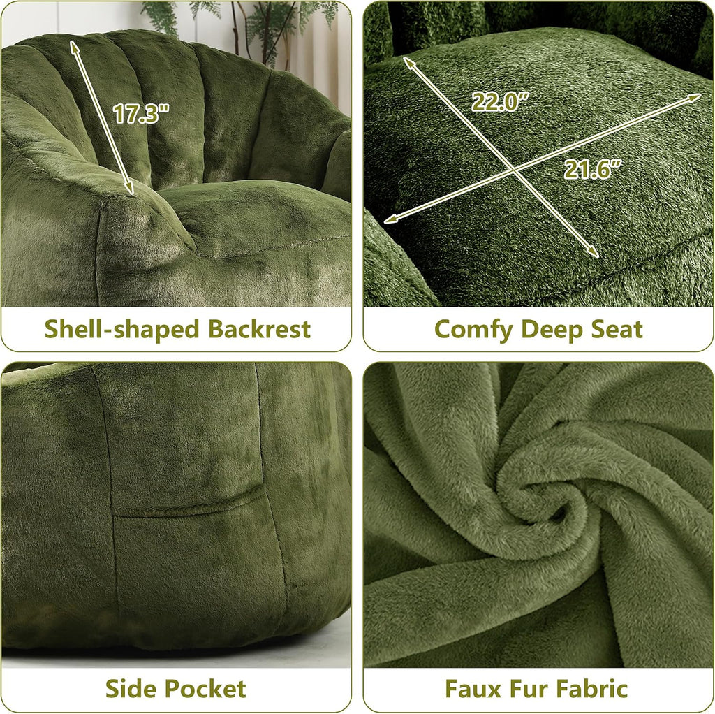Setawix Giant Bean Bag Chair with Filler, Comfy Faux Fur Bean Bag Chairs for Adults and Kids, Lazy BeanBag Sofa Stuffed Floor Sofa with Memory Foam for Bedroom Apartment Living Room,Green